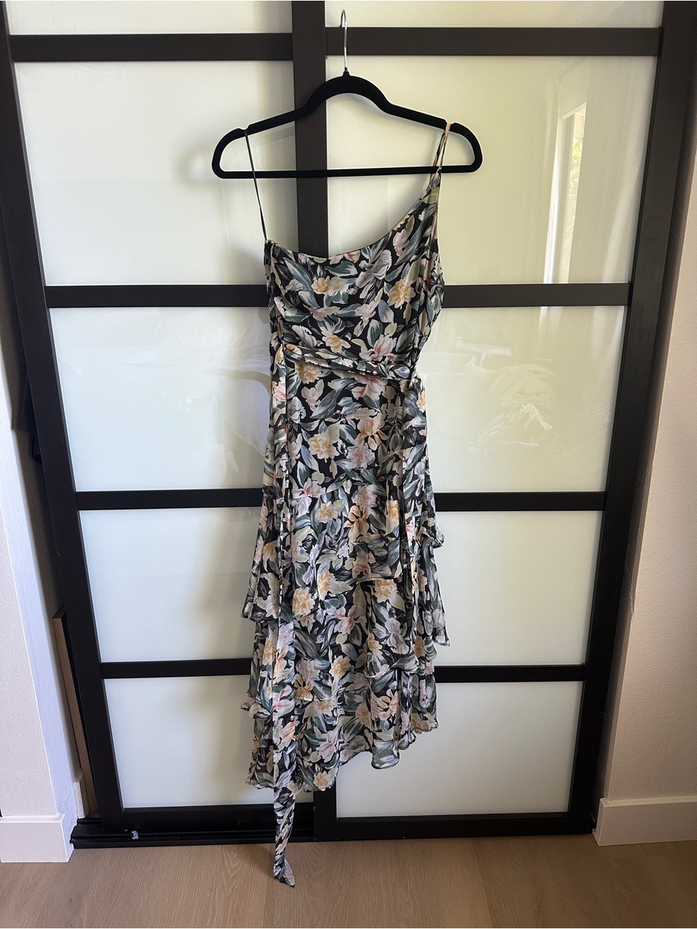 Petal & Pup Black Floral Asymmetrical Slip Dress with Cream and Pink Blooms